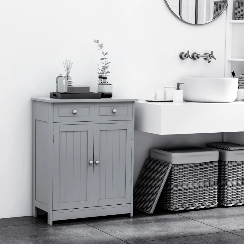 kleankin Freestanding Bathroom Floor Cabinet, Organizer Floor Tower with 2 Door, 2 Drawers, Adjustable Shelf, Grey