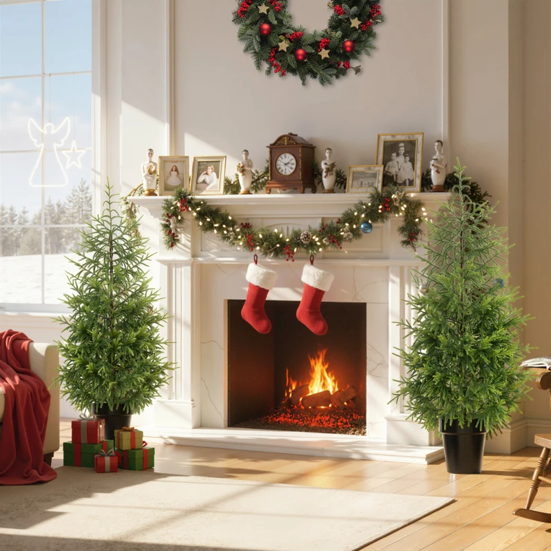 HOMCOM Set of 2 Artificial Christmas Tree, 4 ft Norflok Pine Xmas Tree with 133 Molded Tips and Pot Base, Easy Assembly, Green