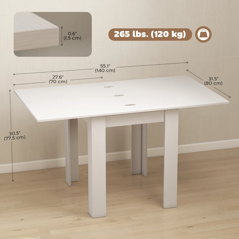 HOMCOM 55" Extendable Dining Table for 4-6 Person, Kitchen Table with PU Handle and Felt Pads for Small Spaces, White