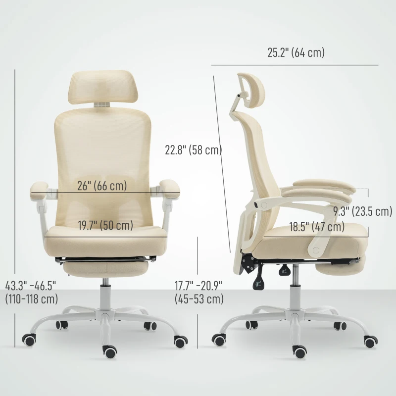HOMCOM Ergonomic Office Chair, Mesh Reclining Desk Chair with Adjustable Lumbar Support, Headrest, Beige