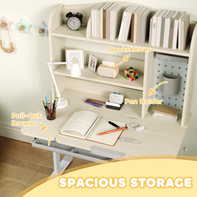 Qaba Kids Study Desk and Chair Set with Adjustable Height, Tiltable Desktop, Hutch and Drawer for Ages 3-12, Gray