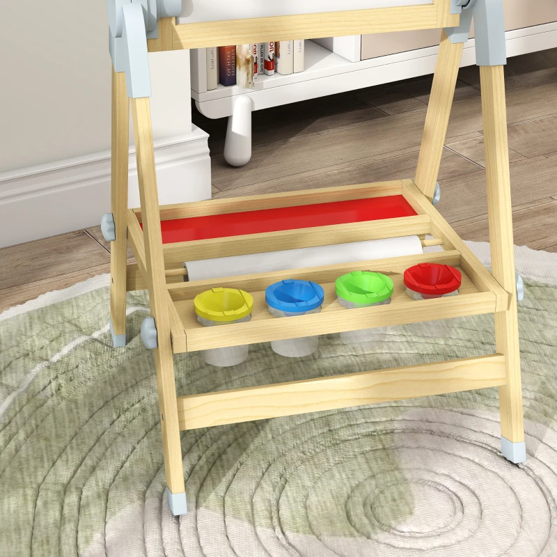 Qaba Wooden Art Easel, Double Sided Kids Easel with Height Adjustable Chalkboard and Magnetic Whiteboard, Natural