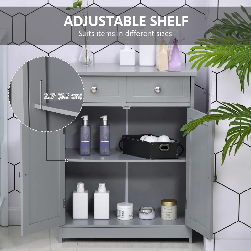 kleankin Freestanding Bathroom Floor Cabinet, Organizer Floor Tower with 2 Door, 2 Drawers, Adjustable Shelf, Grey