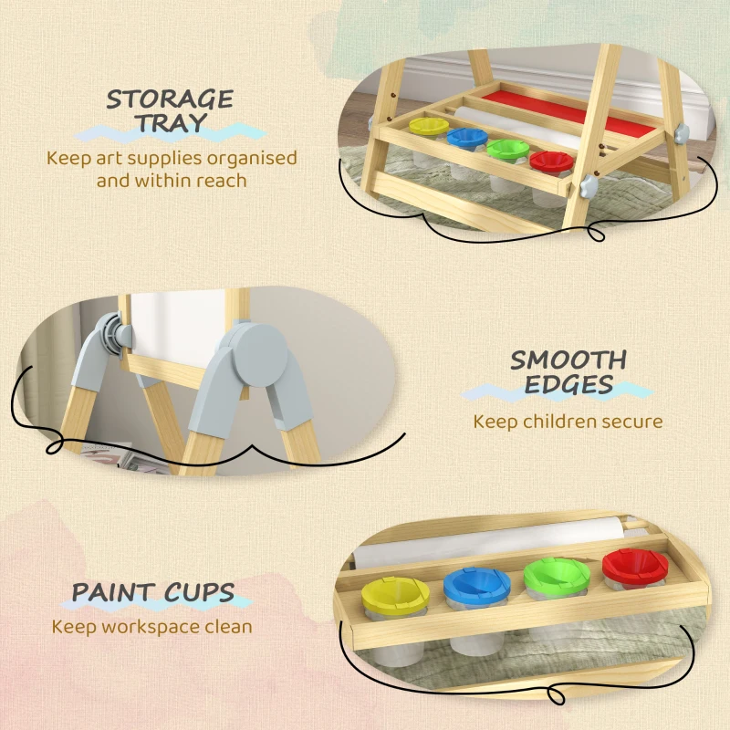 Qaba Wooden Art Easel, Double Sided Kids Easel with Height Adjustable Chalkboard and Magnetic Whiteboard, Natural