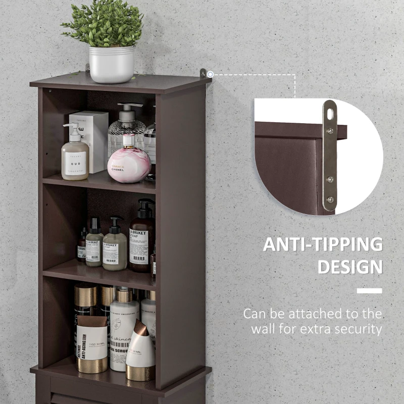 HOMCOM Tall Bathroom Storage Cabinet, Freestanding Linen Tower with 3-Tier Open Adjustable Shelf, Dark Brown