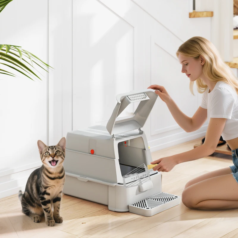 PawHut 80L XL Stainless Steel Cat Litter Box for Big Cats with Flip Cover, Pull-Out Drawer Tray, High Sided, Pedal, Light Grey