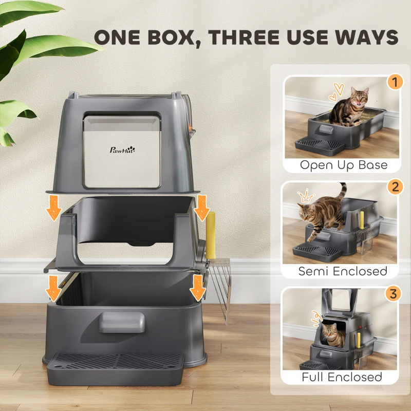 PawHut 80L XL Stainless Steel Cat Litter Box for Big Cats with Flip Cover, Pull-Out Drawer Tray, High Sided, Pedal, Dark Grey