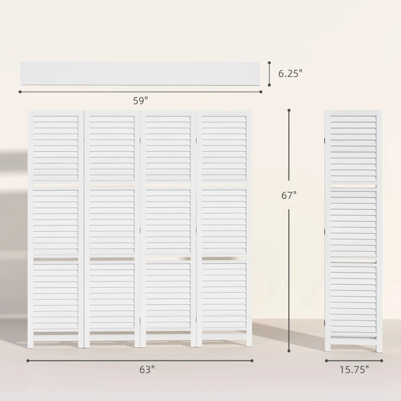 HOMCOM 4 Panel 67" Tall Wood Privacy Screen Room Divider with 3 Shelves and Folding Storage for Bedroom, White