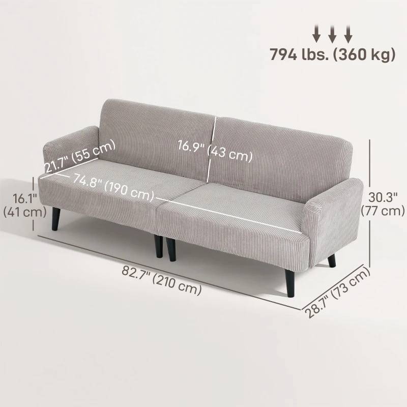HOMCOM Modern Couch, 3 Seater Sofa, Corduroy Loveseat with Rubberwood Legs and Extra-Wide Seat, Light Grey