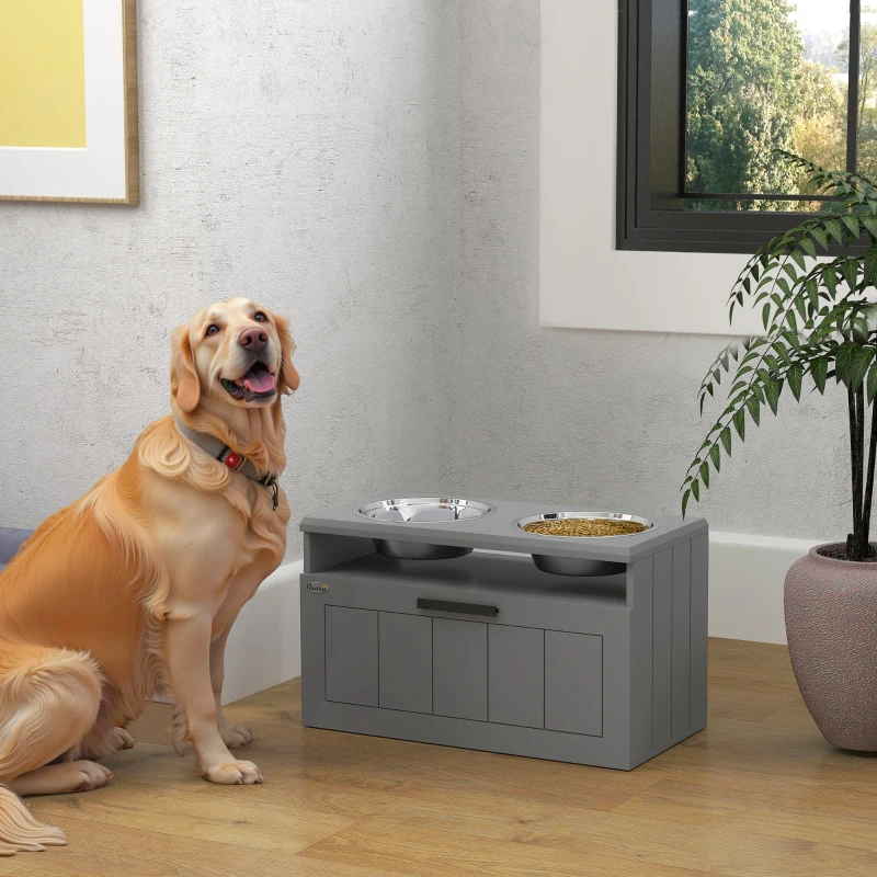 PawHut Elevated Dog Bowls, Large Breed Raised Dogs Bowl Stand with 2 Stainless Steel Bowls, Storage Drawer and Slow Feeder Mat