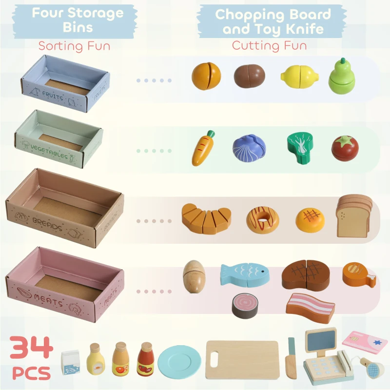 Qaba Kids Grocery Store Playset, Supermarket Toy Set with Cash Register, Chalkboard and Toy Food for Toddler Boys Girls 3+