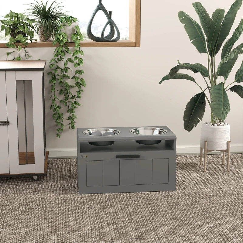 PawHut Elevated Dog Bowls, Large Breed Raised Dogs Bowl Stand with 2 Stainless Steel Bowls, Storage Drawer and Slow Feeder Mat