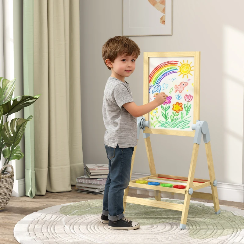 Qaba Wooden Art Easel, Double Sided Kids Easel with Height Adjustable Chalkboard and Magnetic Whiteboard, Natural