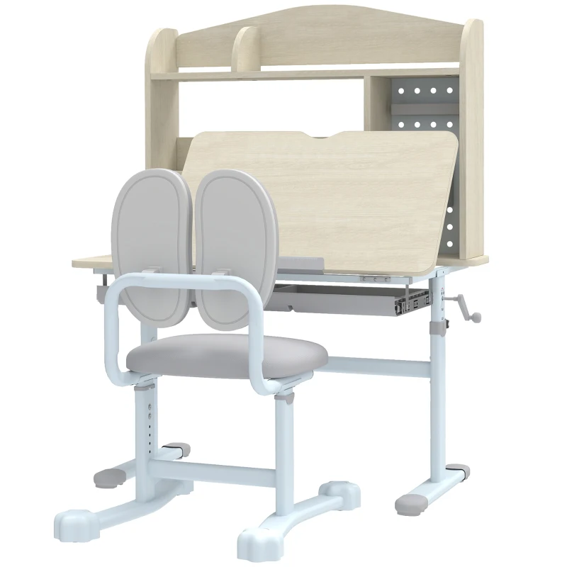 Qaba Kids Study Desk and Chair Set with Adjustable Height, Tiltable Desktop, Hutch and Drawer for Ages 3-12, Gray