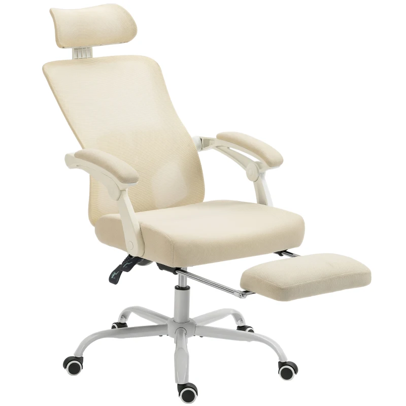 HOMCOM Ergonomic Office Chair, Mesh Reclining Desk Chair with Adjustable Lumbar Support, Headrest, Beige