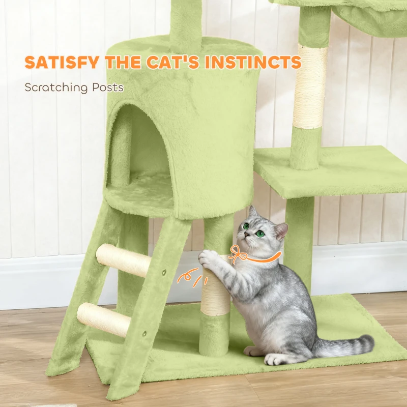 PawHut 53" Cat Tree Tower, Kitten Activity Centre with Scratching Posts, Condo, Perches, Ladder, Hammock, Dangling Toys, Green