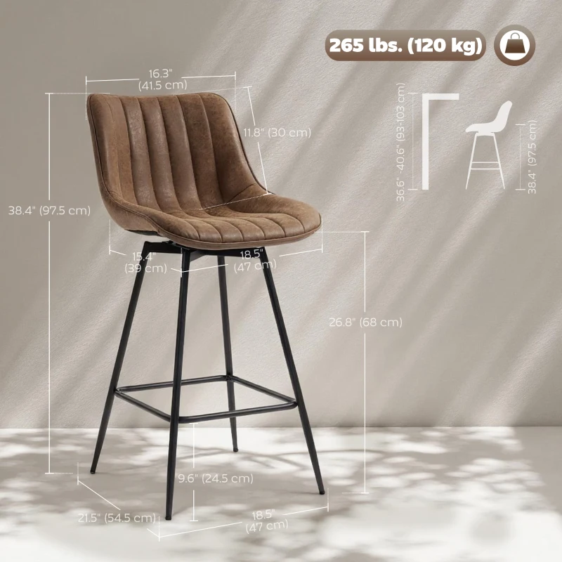 HOMCOM Set of 2 Counter Height Barstools, PU Leather Upholstered Bar Stools with Backrest, Footrest and Steel Legs, Brown