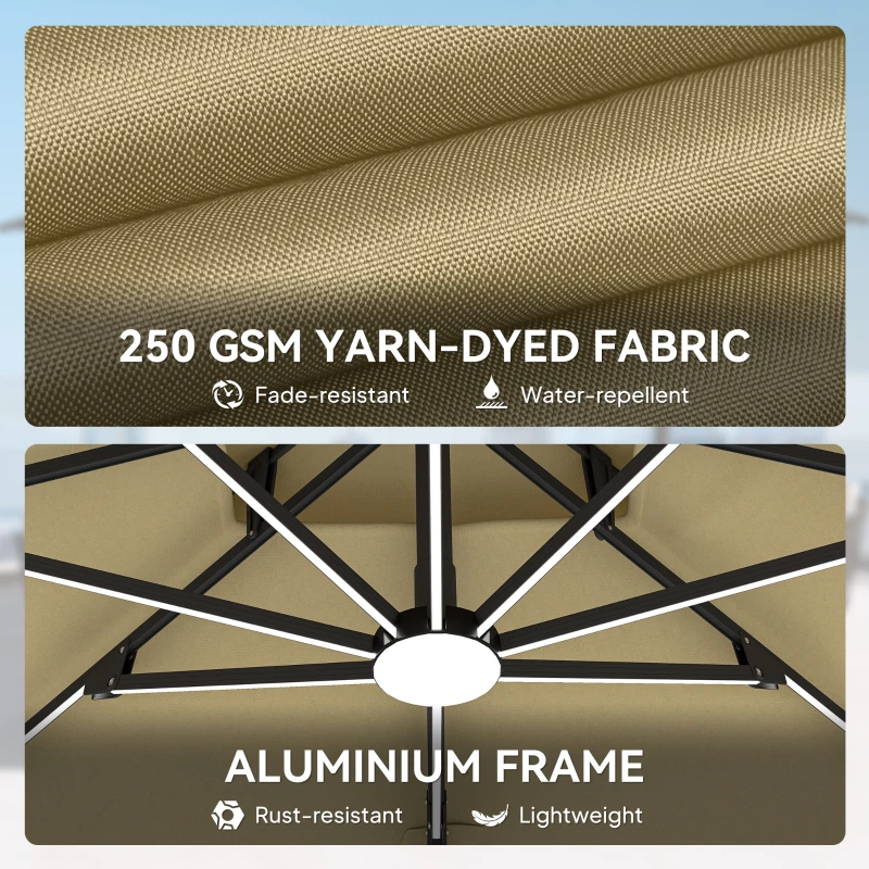 Outsunny 10ft. Solar LED Cantilever Umbrella, Offset Hanging Umbrella with 360°Rotation, Cross Base, 8 Ribs, Tilt and Crank for Yard, Khaki