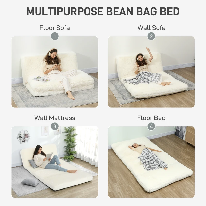 HOMCOM Bean Bag Floor Sofa Bed, Contemporary Plush Wide Folding Floor Mattress, Foam Filling Wall Couch Sleeper, Cream White
