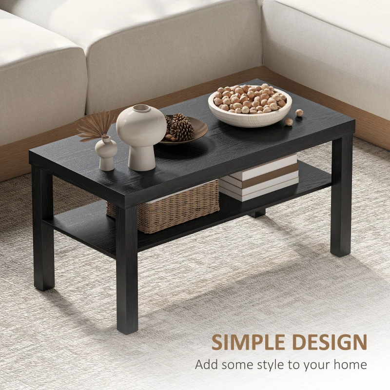 HOMCOM 2 Tier Coffee Table, Rectangular Center Table with Storage Shelf for Living Room, Home Office, Black