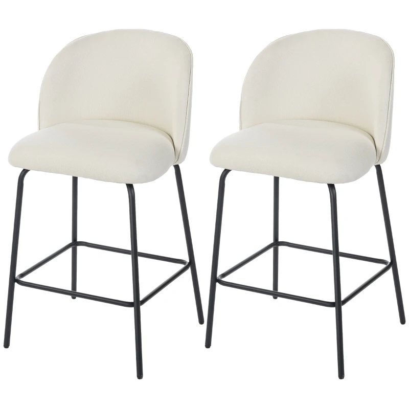 HOMCOM Set of 2 Counter Height Barstools, Upholstered Linen Bar Stools with Backrest, Footrest and Steel Legs, Cream White