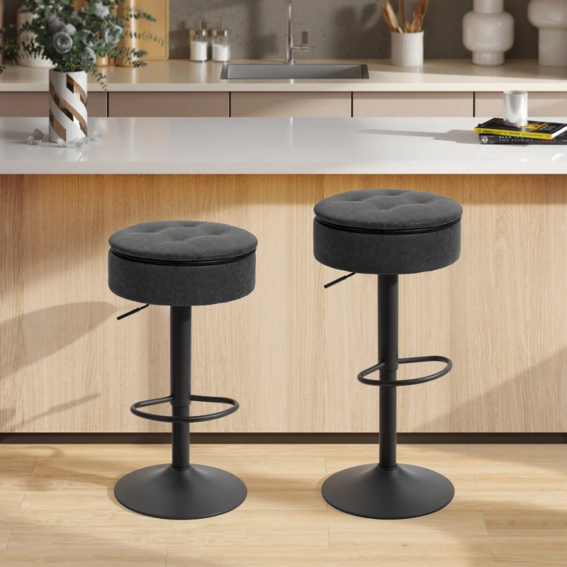 HOMCOM Set of 2 Barstools with Storage, Swivel Bar Stools with PU Leather Upholstered, Footrest, Steel Base, Black