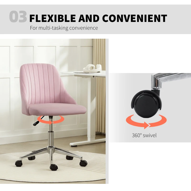 Vinsetto Vanity Chair for Makeup, Velvet Comfy Office Chair with Adjustable Height, Swivel Wheels for Bedroom, Living Room, Pink