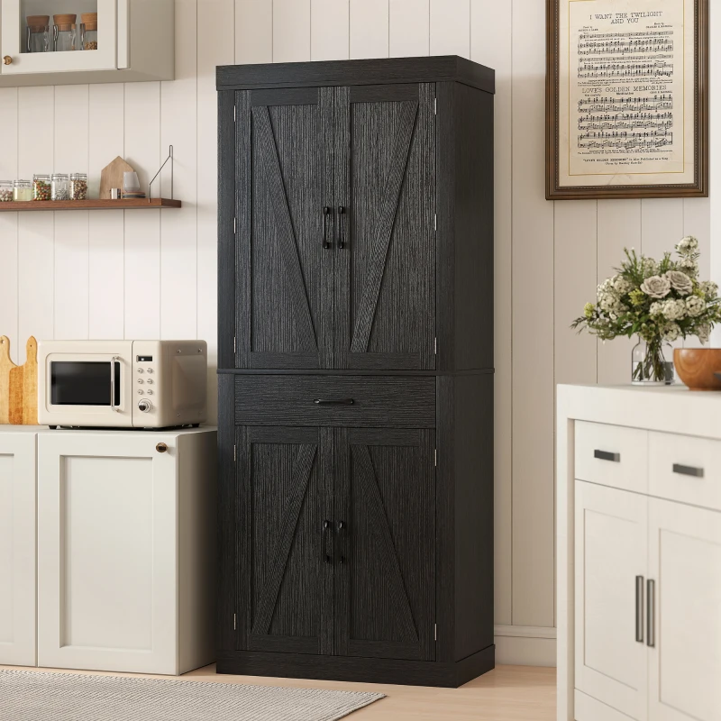 HOMCOM 72" Kitchen Pantry Cabinet, Farmhouse Kitchen Storage Cabinet with 4 Barn Doors, 6 Door Shelves, Drawer, Black
