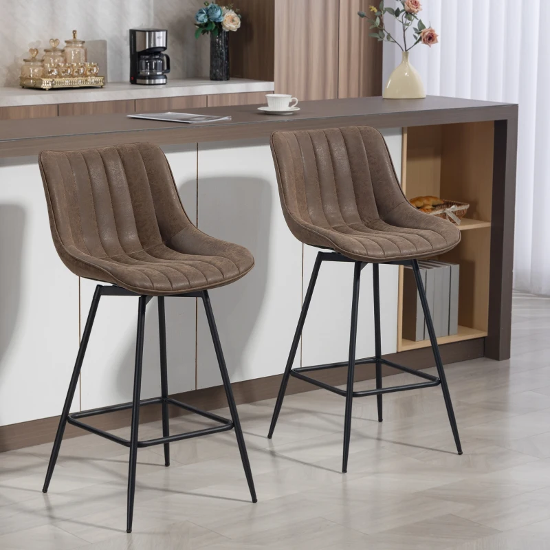 HOMCOM Set of 2 Counter Height Barstools, PU Leather Upholstered Bar Stools with Backrest, Footrest and Steel Legs, Brown