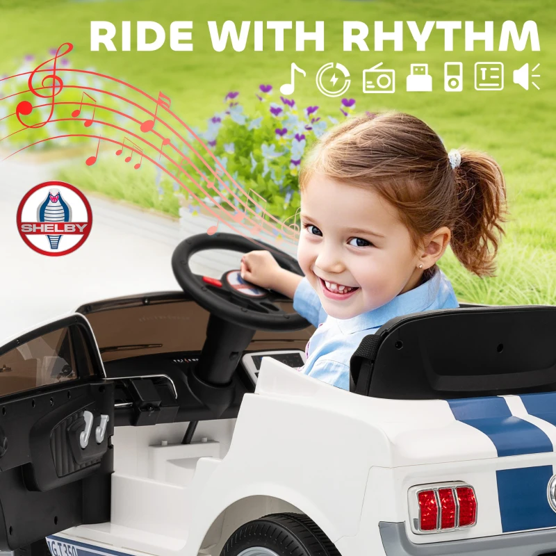 Qaba Licensed Ford Shelby GT 350 Kids Ride On Car with Remote Control, Adjustable Speed, MP3, Smooth Start, LED Lights, White