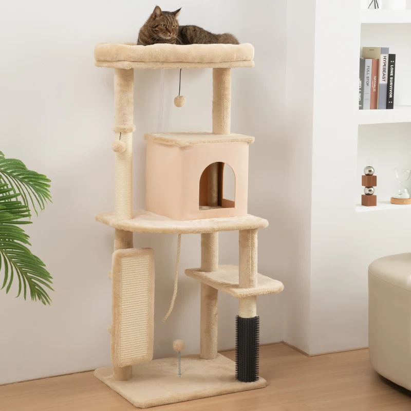 PawHut 52 Inch Cat Tree with Scratching Posts, Cat Bed, Condo, Grooming Brush, Jumping Platforms, Toy Balls, Anti-tip Kit
