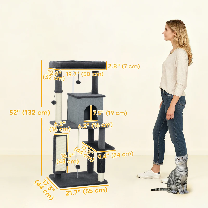 PawHut 52 Inch Cat Tree with Scratching Posts, Cat Bed, Condo, Grooming Brush, Jumping Platforms, Toy Balls, Anti-tip Kit