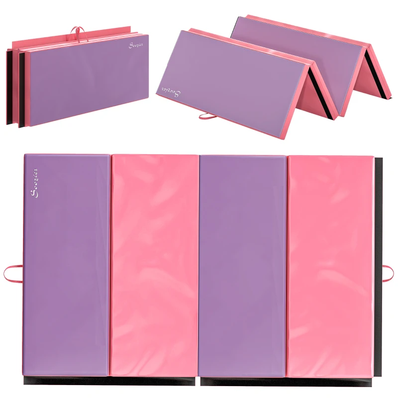 Soozier 4'x6'x2'' Folding Gymnastics Tumbling Mat, Exercise Mat  with Carrying Handles for Yoga, MMA, Martial Arts, Stretching, Core Workouts, Pink and Purple