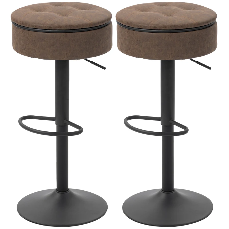 HOMCOM Set of 2 Barstools with Storage, Swivel Bar Stools with PU Leather Upholstered, Footrest, Steel Base, Brown