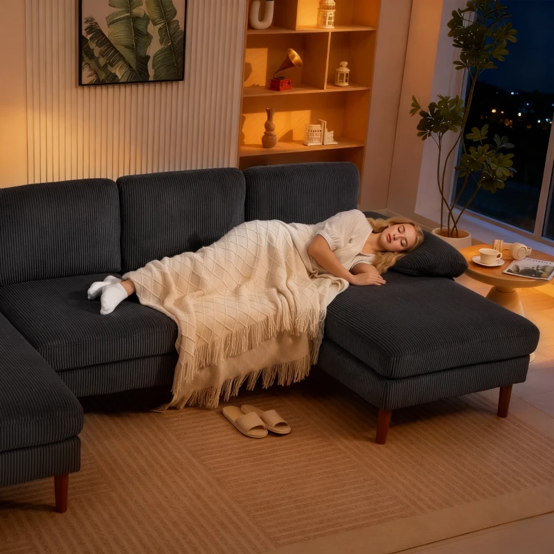 HOMCOM U Shape Couch with Double Chaise Lounge, Modern 4 Seater Sofa with Wooden Legs, Fabric Sofa for Living Room, Dark Grey