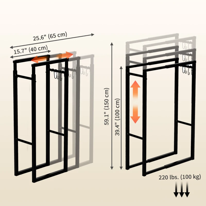 Outsunny Adjustable Firewood Log Rack Heavy-Duty Steel Log Holder for Outdoor Indoor Use, 25.6" x 9.8" x 59.1", Black