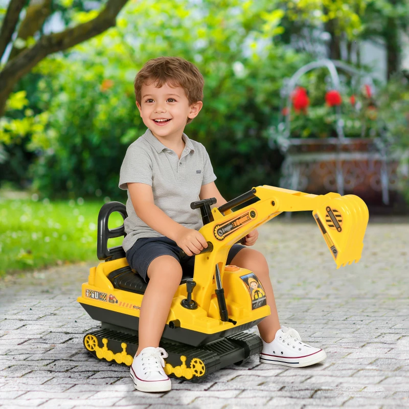 Qaba Kids Ride-on Excavator with Digger, Pretend Play Construction Truck with Under Seat Storage, Realistic Sound, Treaded Wheels, No Power Design