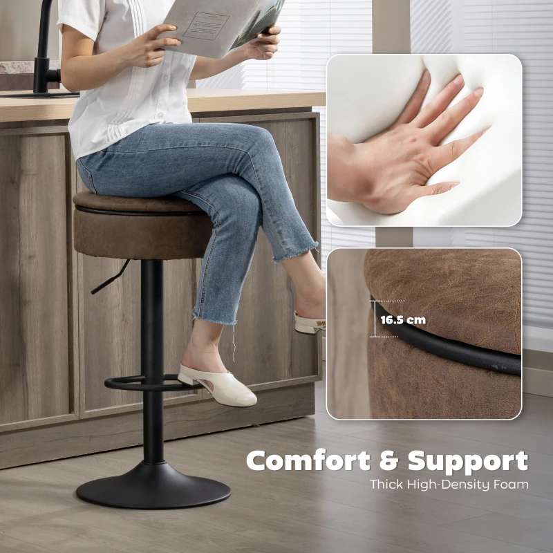 HOMCOM Set of 2 Barstools with Storage, Swivel Bar Stools with PU Leather Upholstered, Footrest, Steel Base, Brown