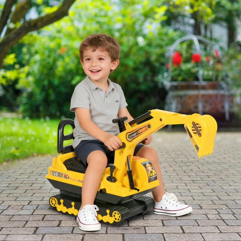 HOMCOM No Power Ride On Excavator Toy Tractors Digger Movable Scooter Walker Pretend Play Toddler Construction Truck Basket Storage For Boys Girls 18-48 Months Yellow Black