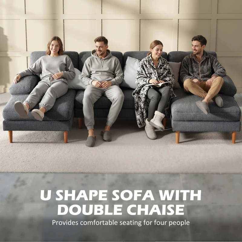 HOMCOM U Shape Couch with Double Chaise Lounge, Modern 4 Seater Sofa with Wooden Legs, Fabric Sofa for Living Room, Dark Grey