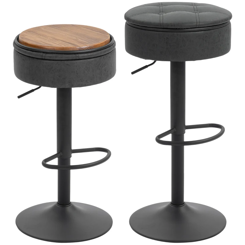 HOMCOM Set of 2 Barstools with Storage, Swivel Bar Stools with PU Leather Upholstered, Footrest, Steel Base, Black