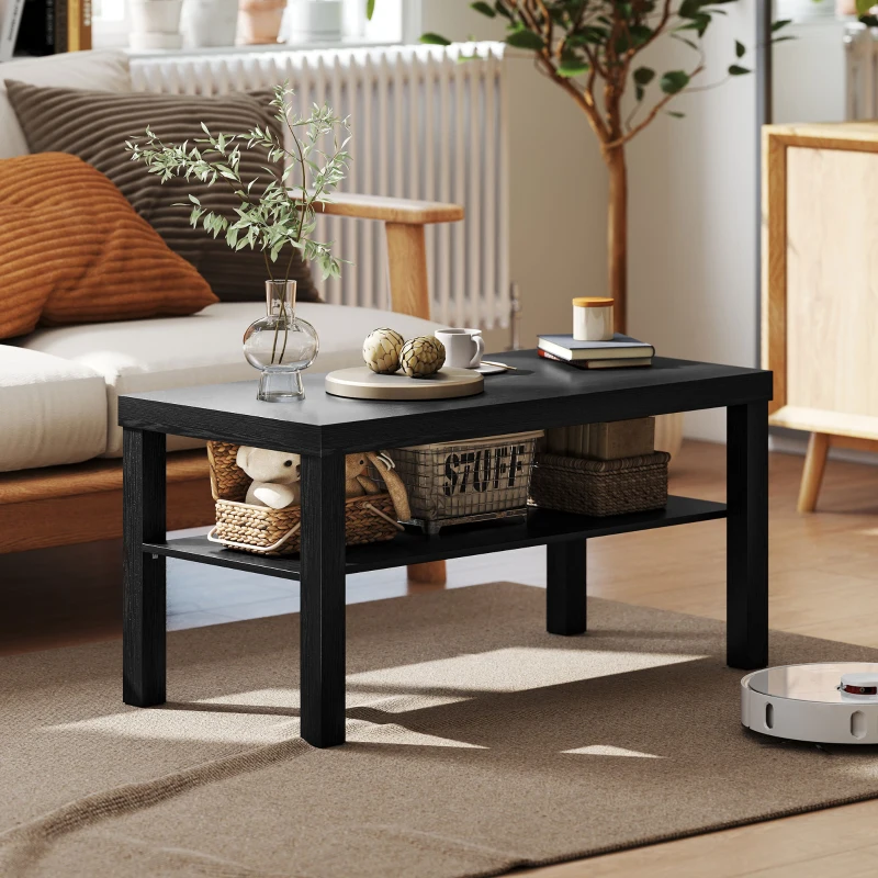 HOMCOM 2 Tier Coffee Table, Rectangular Center Table with Storage Shelf for Living Room, Home Office, Black