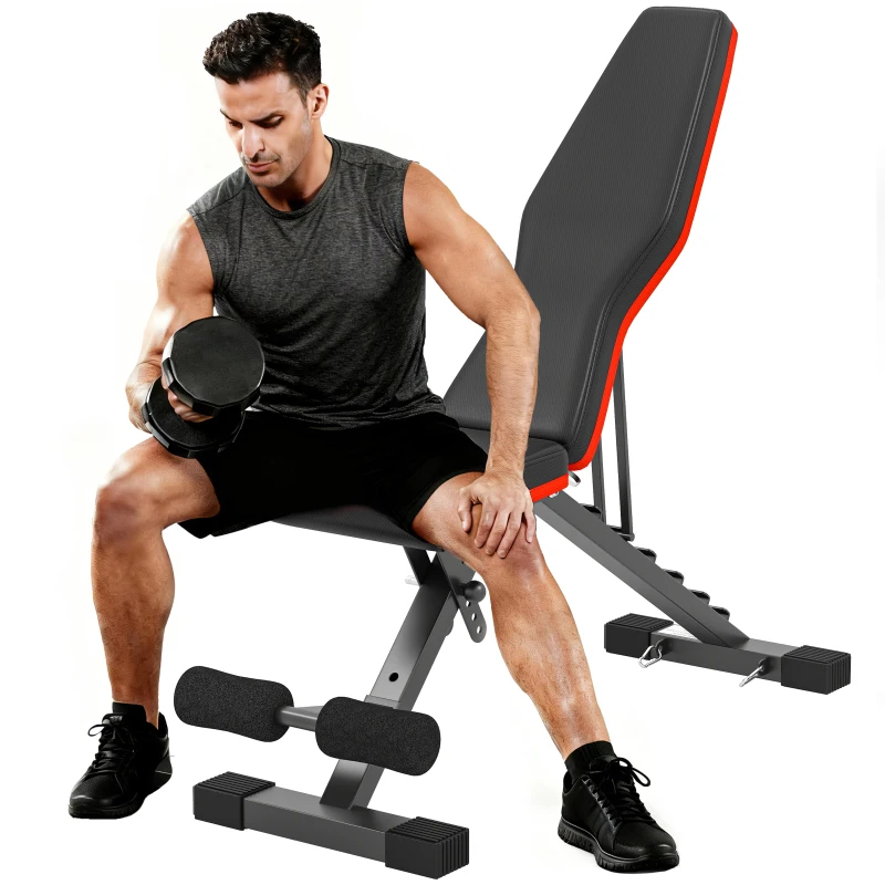 Soozier Adjustable Workout Bench, Foldable Weight Bench with Leg Extension and Preacher Pad, 264LBS Weight Capacity, for Home Gym, Black and Red