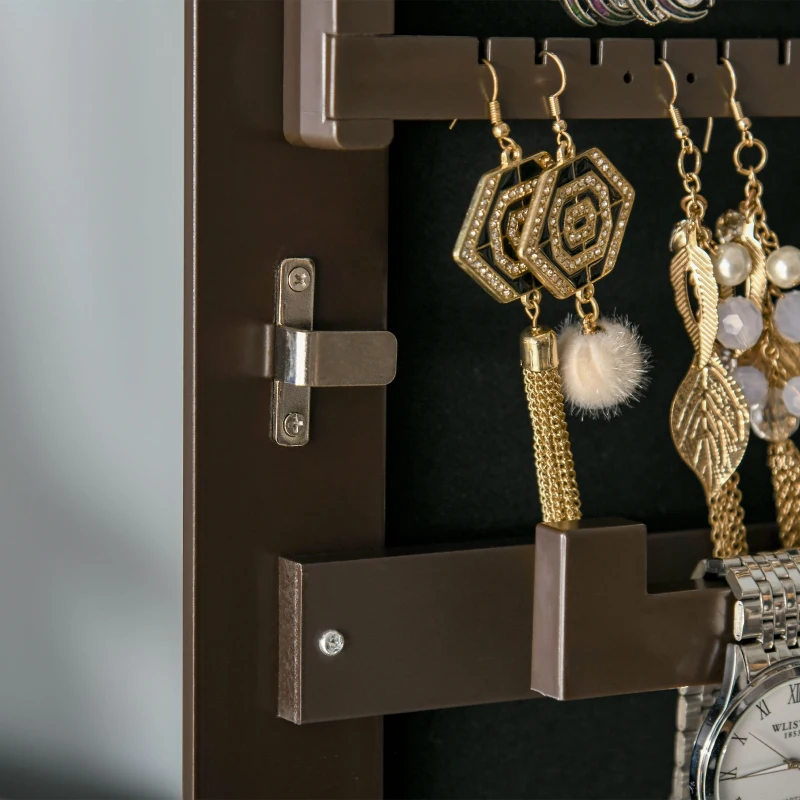 HOMCOM Mirror Jewelry Cabinet Armoire, Lockable Jewelry Organizer with Full-Length Mirror, 3 Angle Adjustable, Brown