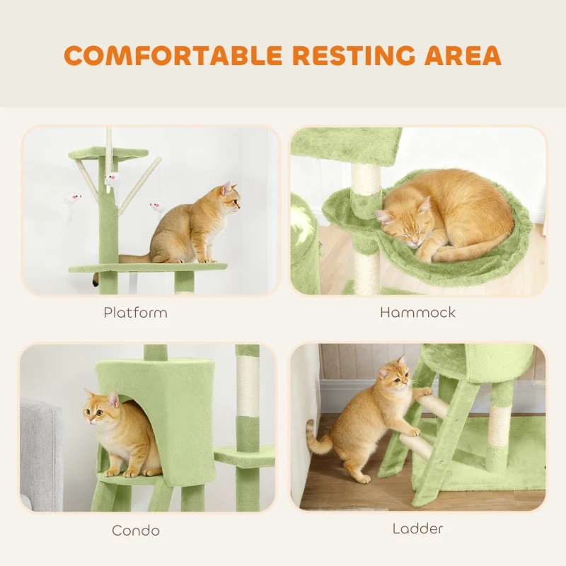 PawHut 53" Cat Tree Tower, Kitten Activity Centre with Scratching Posts, Condo, Perches, Ladder, Hammock, Dangling Toys, Green