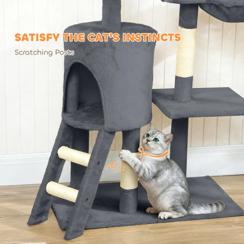 PawHut 53" Cat Tree Tower, Kitten Activity Centre with Scratching Posts, Condo, Perches, Ladder, Hammock, Dangling Toys, Dark Grey