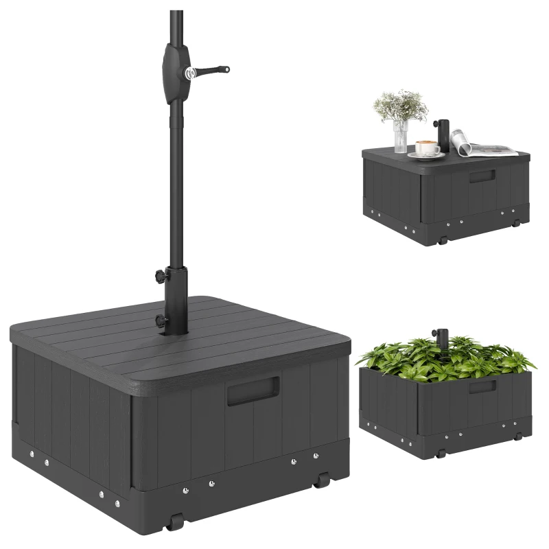 Outsunny 3-in-1 Outdoor Umbrella Base with Wheels, Side Table, Planter Box, 175lbs Heavy Duty Patio Umbrella Stand, Black