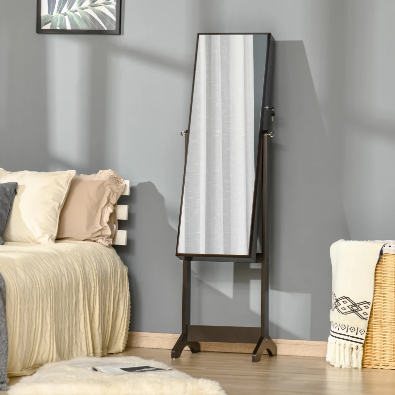 HOMCOM Mirror Jewelry Cabinet Armoire, Lockable Jewelry Organizer with Full-Length Mirror, 3 Angle Adjustable, Brown