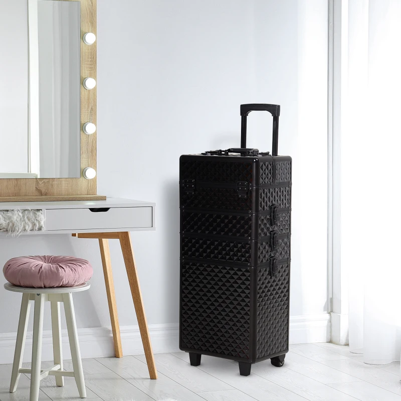 HOMCOM 4 in 1 Portable Aluminum Makeup Case Train Cases, Rolling Makeup Case with 2 Wheels, Multiple Compartments and Lift Handle