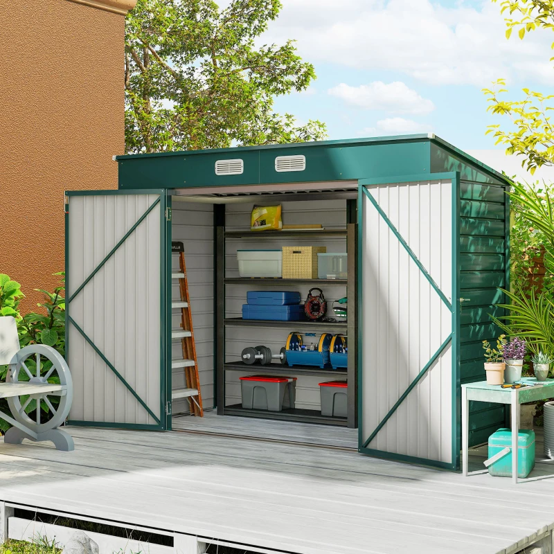 Outsunny 8 x 4FT Galvanized Garden Storage Shed, Metal Outdoor Shed with Double Doors and 2 Vents, Green